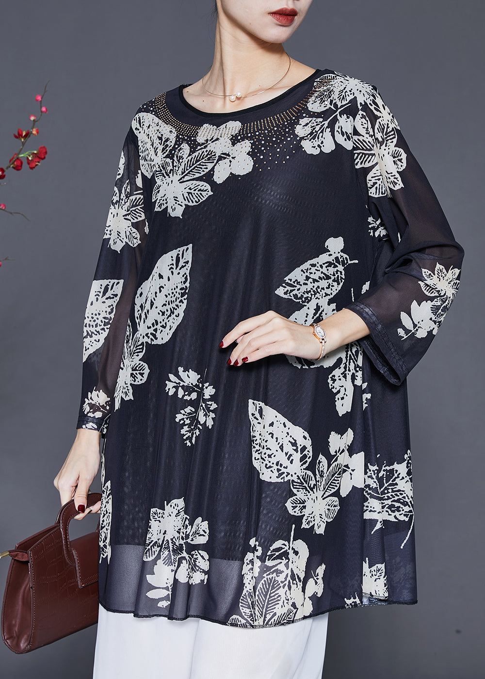 Black Oversized Print Silk Shirts Spring