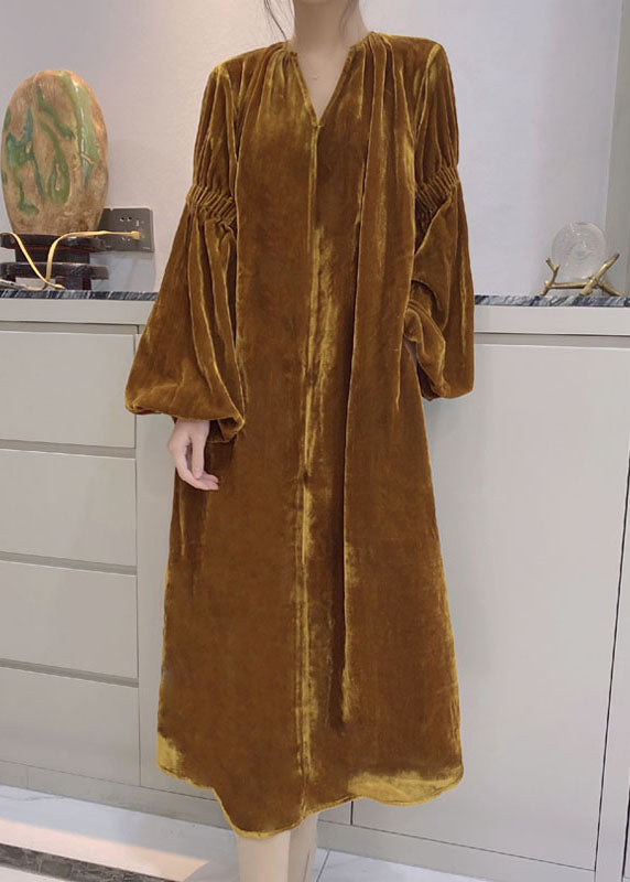Yellow Puff Sleeve Pockets Velour Dress Spring