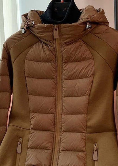 French Khaki Hooded Zippered Fine Cotton Filled Coat Long Sleeve