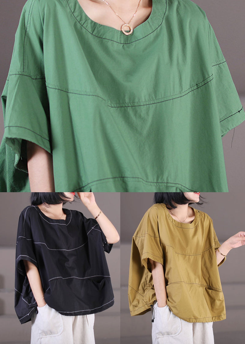 Green Pockets Cotton Tank Tops O-neck Drawstring Short Sleeve