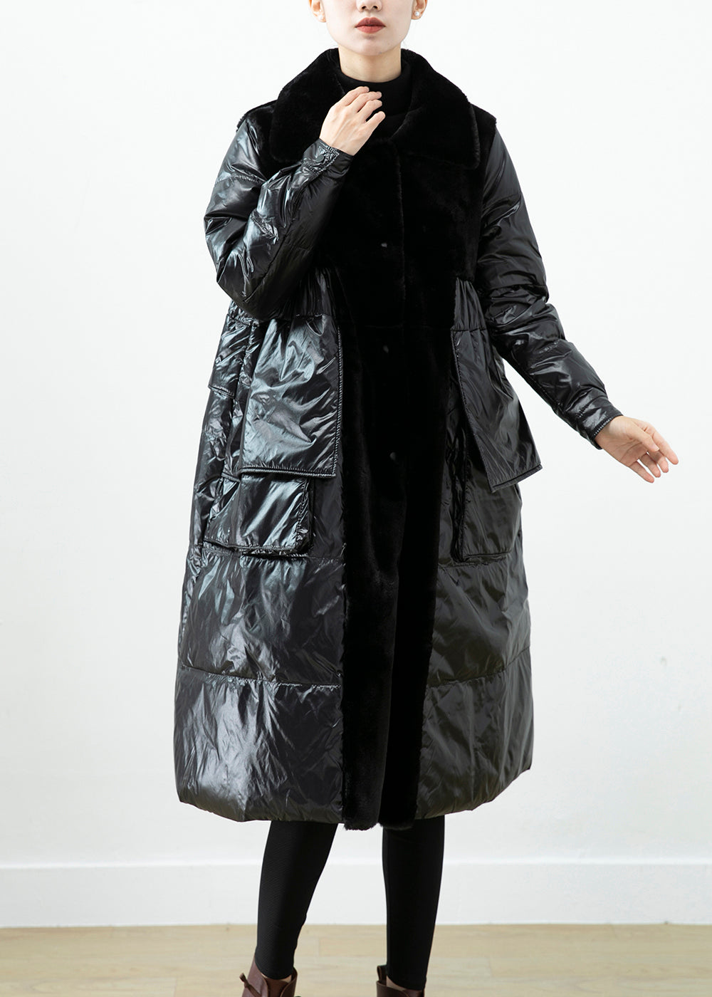 Classy Black Oversized Patchwork Mink Velvet Cotton Blend Down Jacket Winter