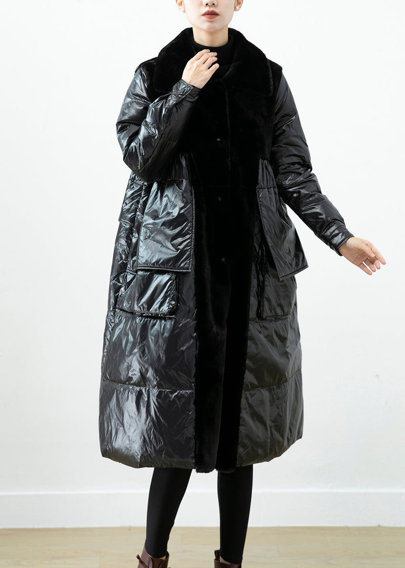 Classy Black Oversized Patchwork Mink Velvet Cotton Blend Down Jacket Winter