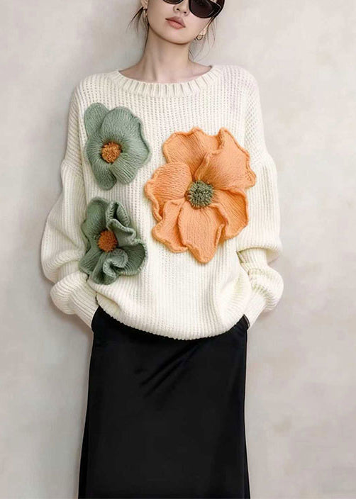 Stylish White Oversized Decorated Knitted Tops Winter