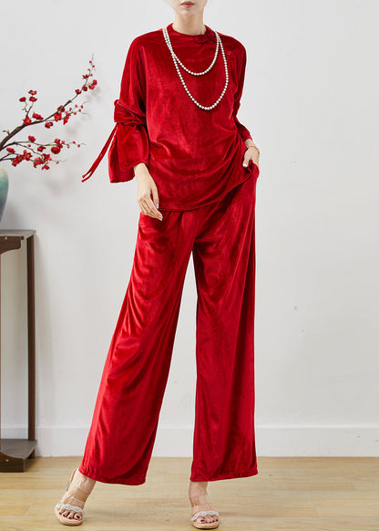 Red Side Open Silk Velvet Two Piece Set Clothing Fall