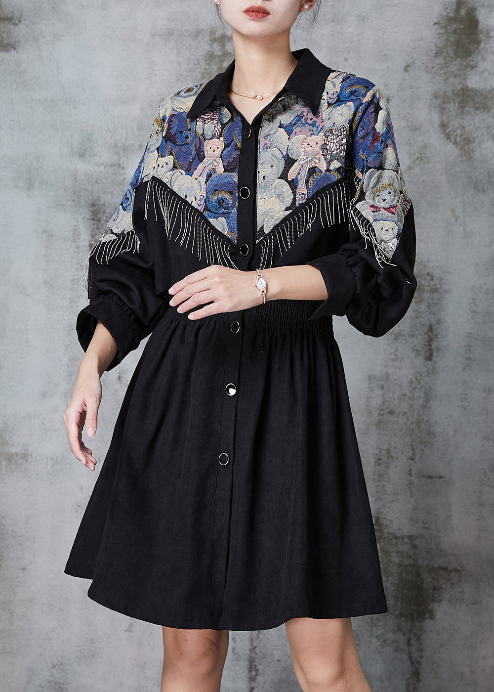 Black Tasseled Patchwork Cotton Dress Spring