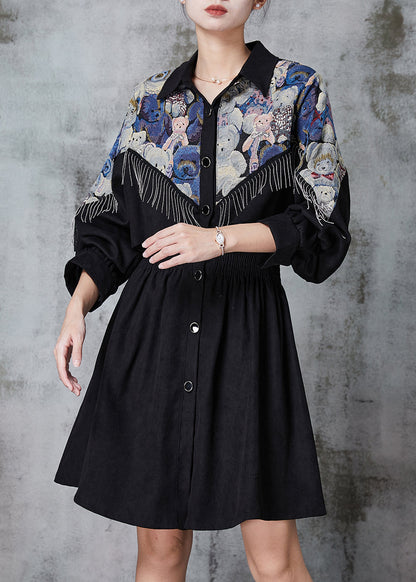 Black Tasseled Patchwork Cotton Dress Spring