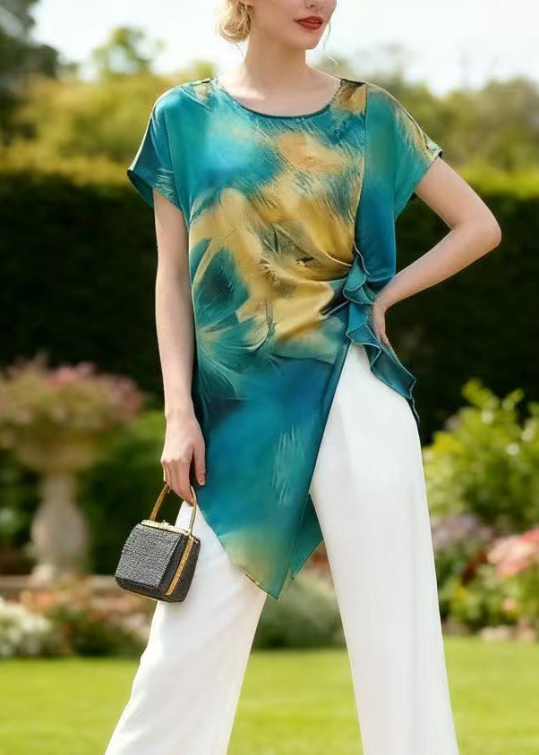 O Neck Asymmetrical Print Silk Two-piece Set Summer