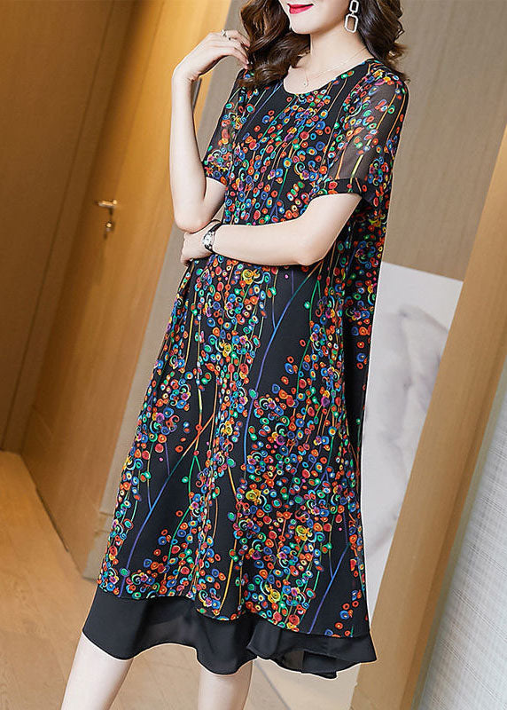 Classy Black O-neck Patchwork Print Chiffon Long Dress Summer