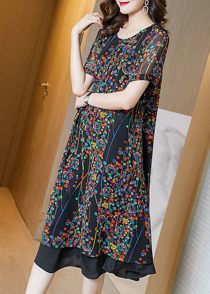 Classy Black O-neck Patchwork Print Chiffon Long Dress Summer