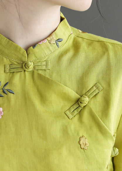 Fitted Yellow Mandarin Collar Embroideried Linen Blouse Top Long Sleeve