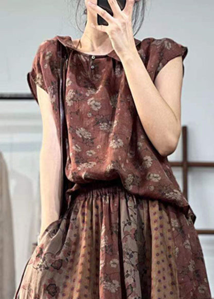 Khaki Peter Pan Collar Print Linen Two Pieces Set Summer