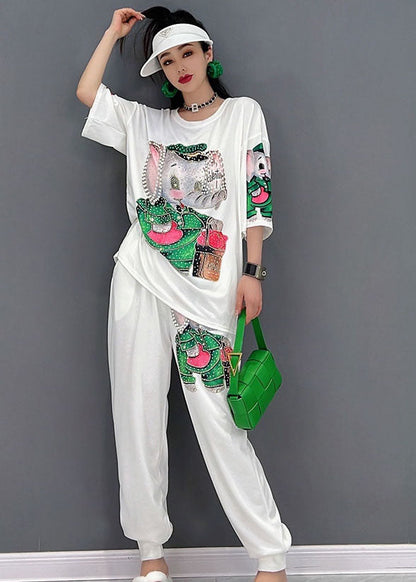 Handmade White O-neck Elephant Print Cotton Sweatshirt Two Pieces Set Short Sleeve