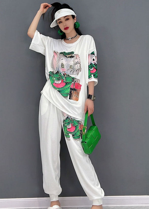 Handmade White O-neck Elephant Print Cotton Sweatshirt Two Pieces Set Short Sleeve