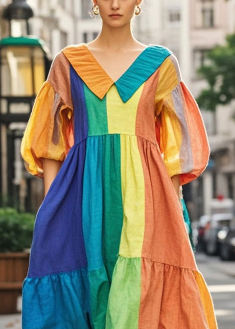 Handmade Colorblock Oversized Patchwork Cotton Dresses Lantern Sleeve