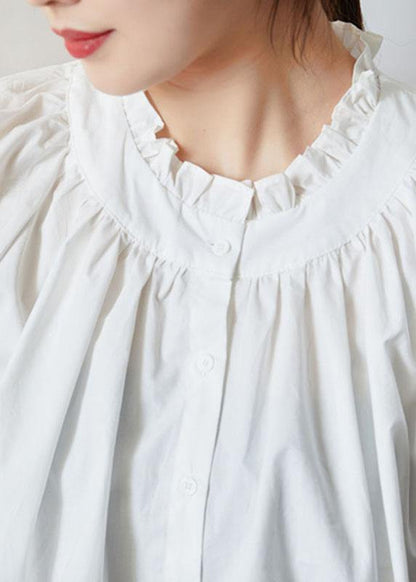 Loose White Colorblock Ruffled Fall Button Long Sleeve Blouses