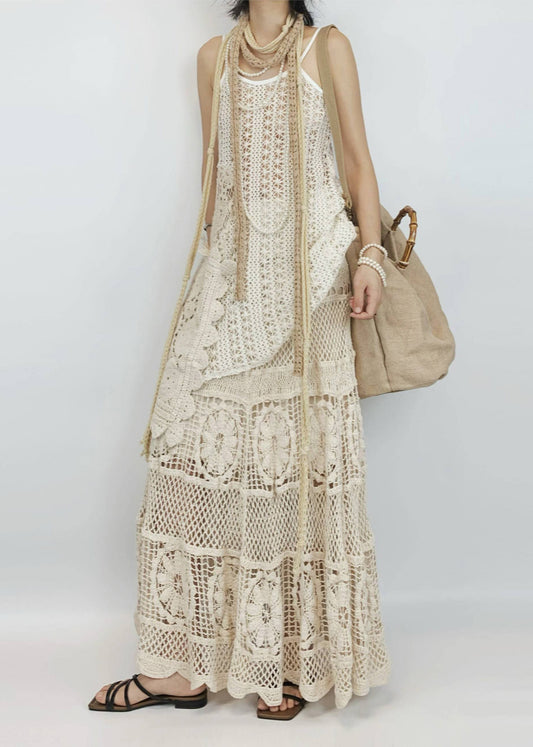Beige Hollow Out Asymmetrical Design Knit Two-piece Set Summer