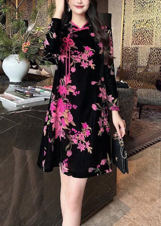 Black Chinese Button Print Silk Velour Mid Dress Long Sleeve