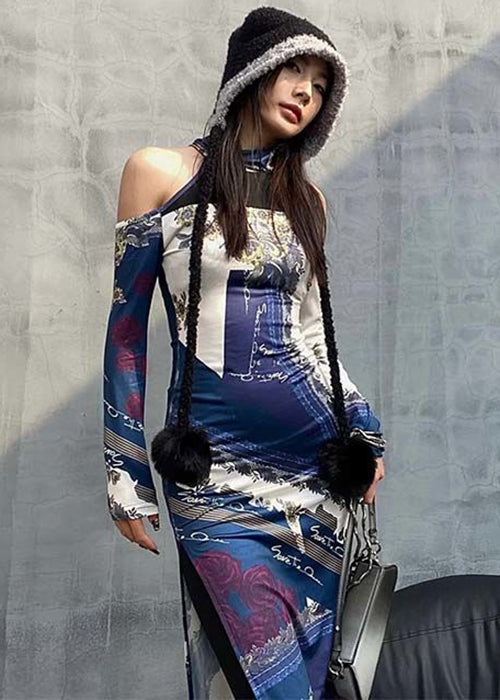 Colorblock Cold Shoulder Print Cotton Dress Long Sleeve