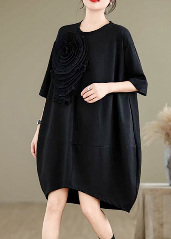 French Black O-neck Wrinkled Cotton Long Dresses Summer