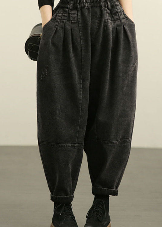 Diy Blue High Waist Pockets Wrinkled Harem Fall Denim Pants