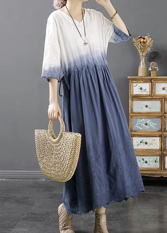 Lighy Blue V Neck Hollow Out Long a Line Dress Fall