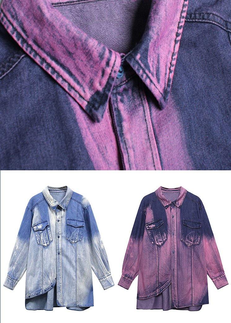 Classy Tie Dye Purple Asymmetrical Design Cotton Long Sleeve Spring Shirt