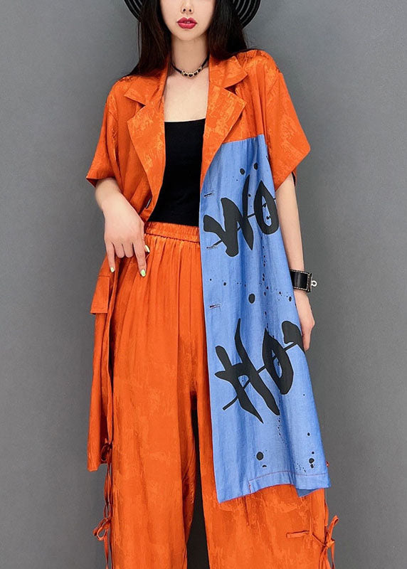 Orange Patchwork Cotton Two Piece Set Clothing Peter Pan Collar Spring