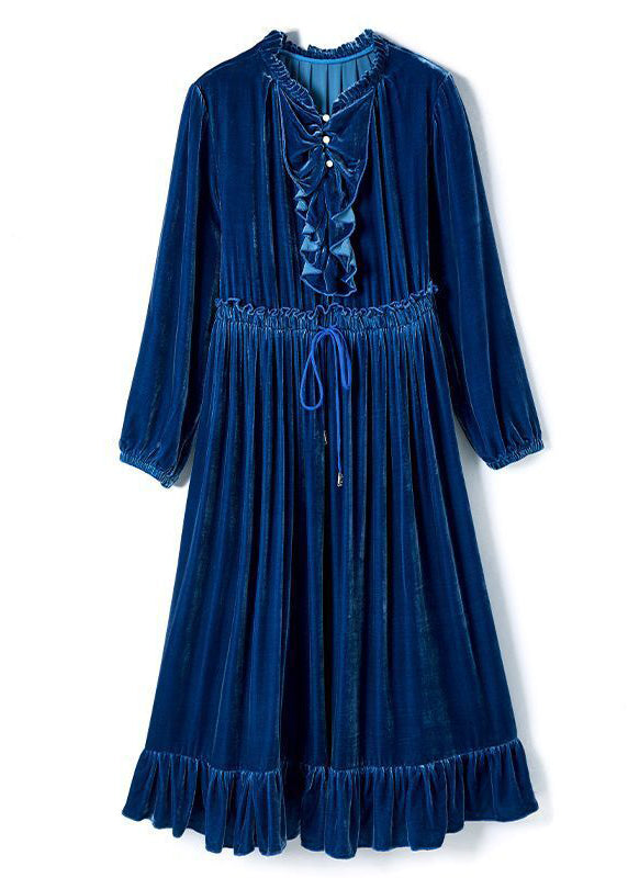 Navy Cinched Patchwork Ruffles Silk Velour Long Dress Spring