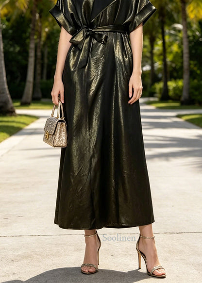 O Neck Lace Up Pockets Silk Long Dresses Summer