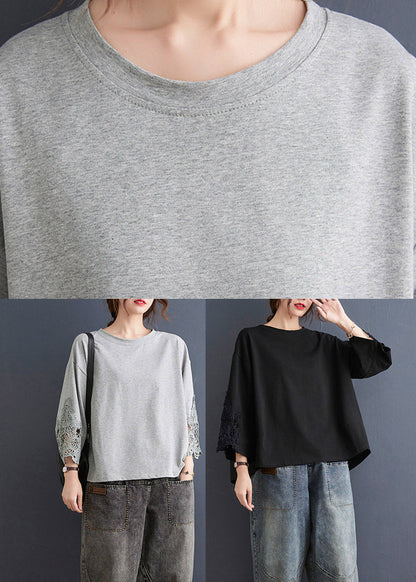 Grey Hollow Out Sweatshirts Top Ruffled Low High Design Three Quarter Sleeve