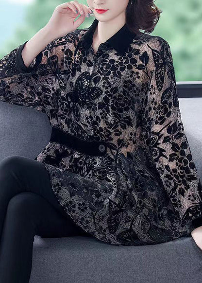 Black Peter Pan Collar Print Patchwork Velour Shirts Tops Fall