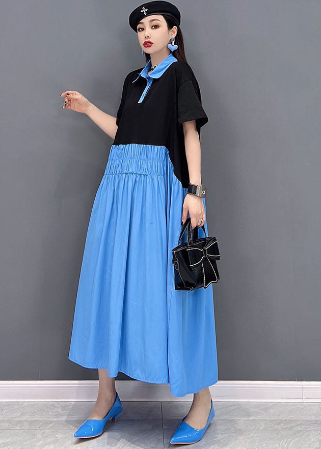 Loose Blue Colorblock Peter Pan Collar Patchwork Pleated Cotton Shirt Dress Short Sleeve