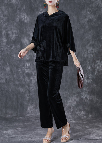 Black Tasseled Chinese Button Silk Velour Two Pieces Set Fall