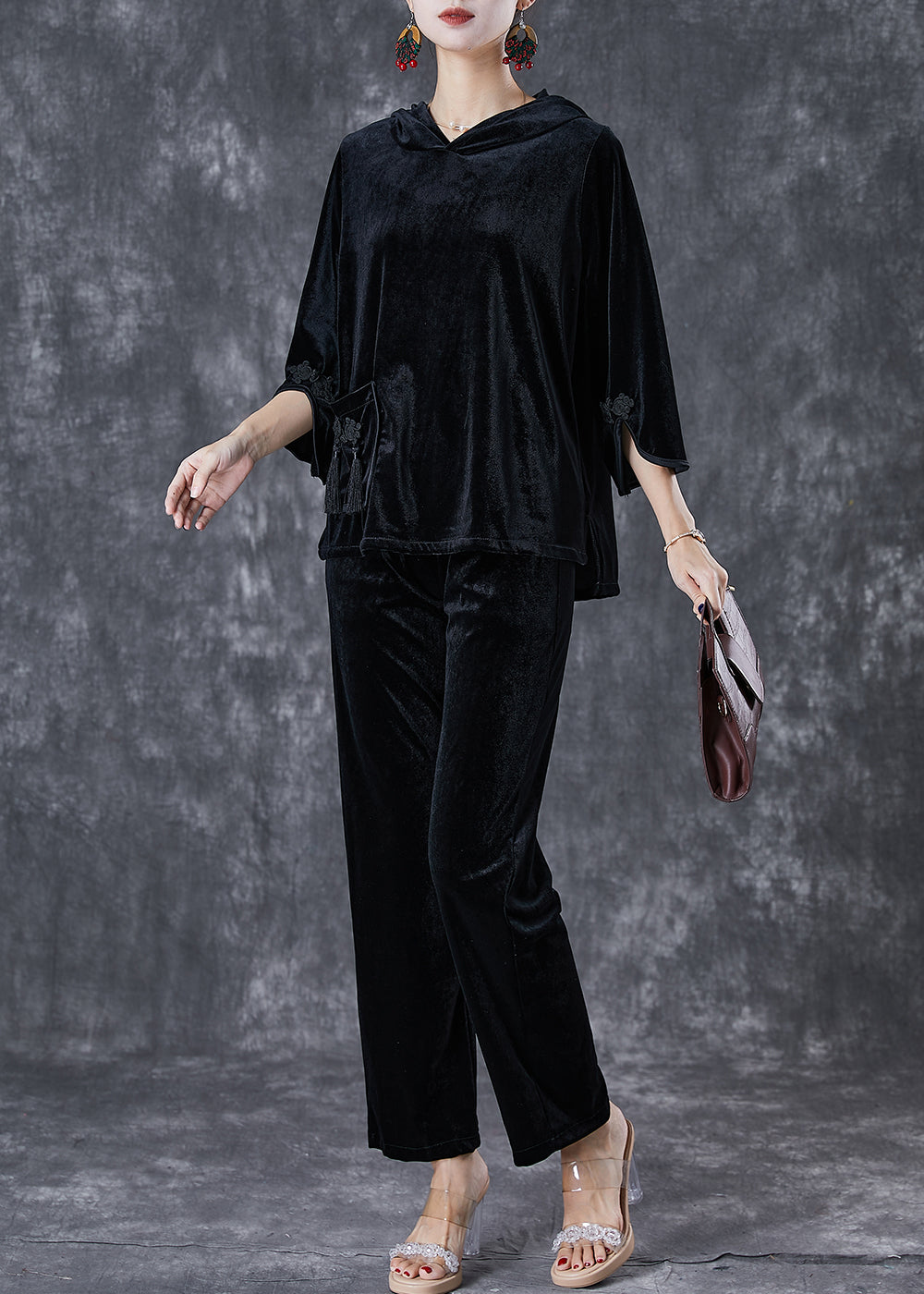 Black Tasseled Chinese Button Silk Velour Two Pieces Set Fall