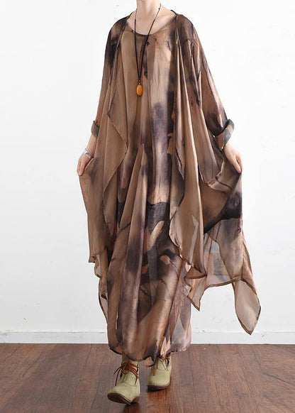 Khaki Print Asymmetrical Design Long Summer Chiffon Dress