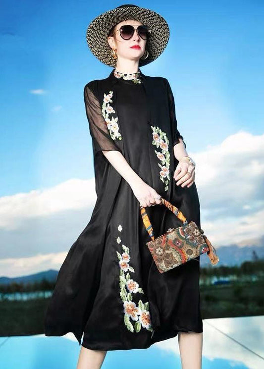 Black Embroideried Patchwork Silk Cardigans Summer