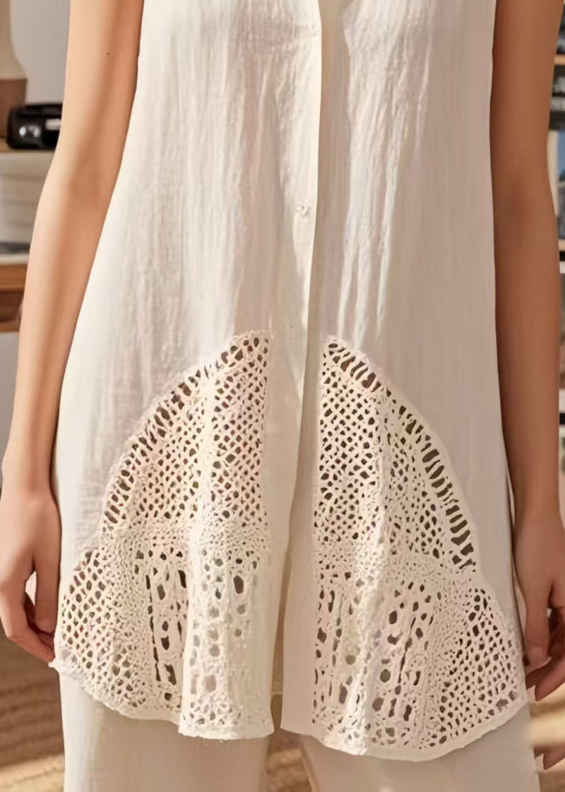 White Patchwork Cotton Blouses Peter Pan Collar Hollow Out Sleeveless