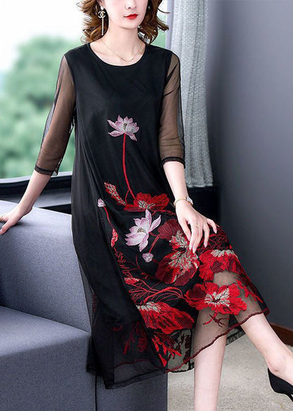 Black Embroideried Hollow Out Tulle Robe Dresses Bracelet Sleeve