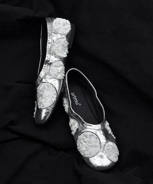 Original Design Silver Cowhide Leather Sequins Flat Shoes for