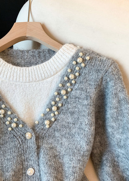 Loose Grey Button Pearl Cozy Patchwork Knit Sweater