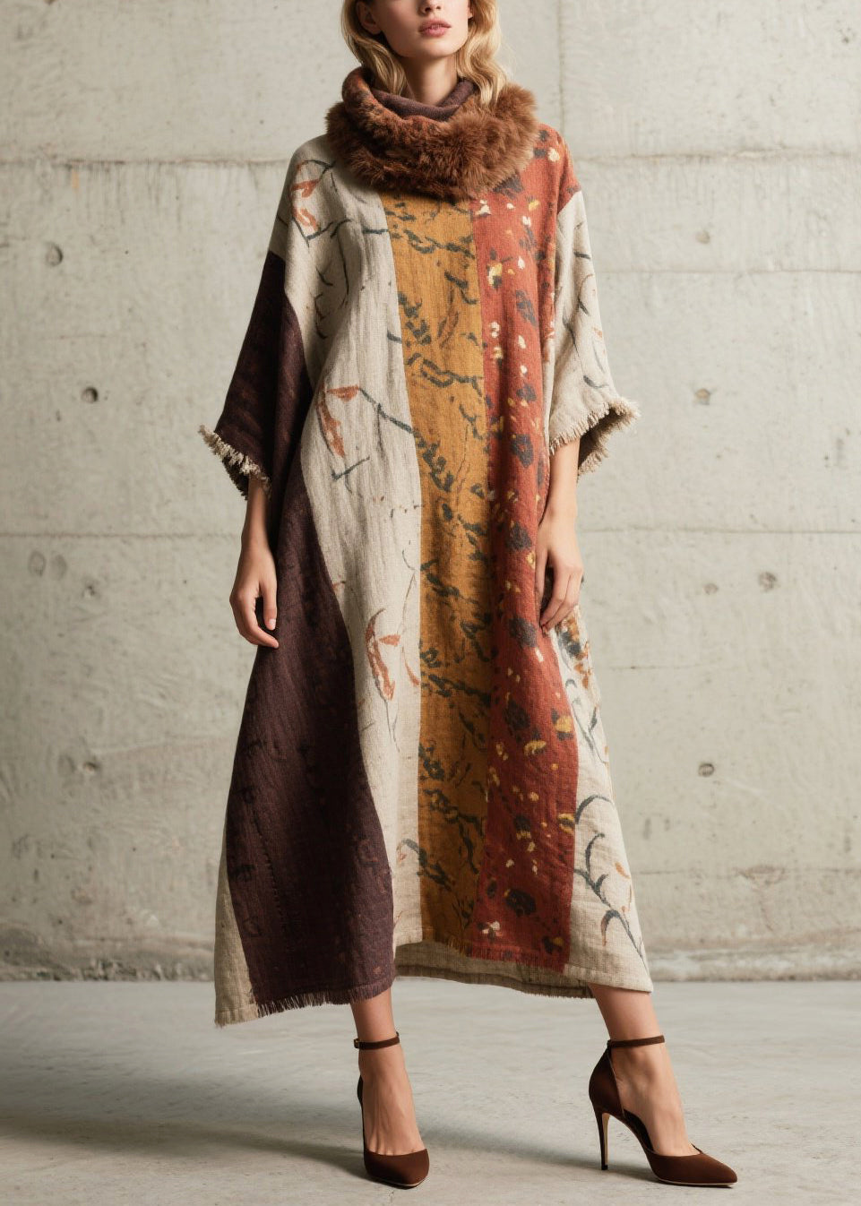 Oversized Print Cotton Long Dress Batwing Sleeve
