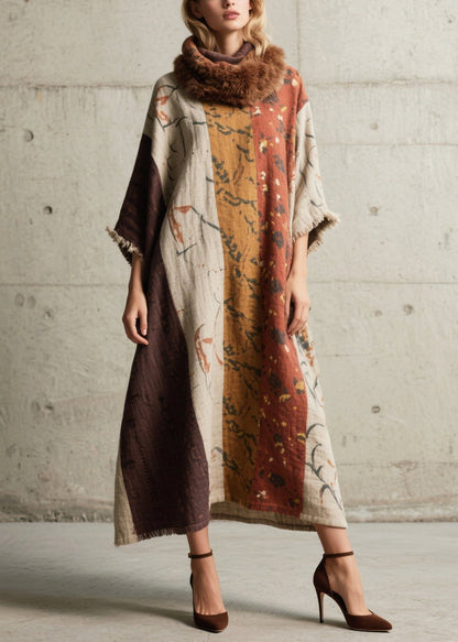 Oversized Print Cotton Long Dress Batwing Sleeve