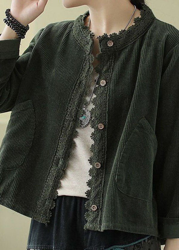 Green Pockets Patchwork Lace Corduroy Coats Long Sleeve