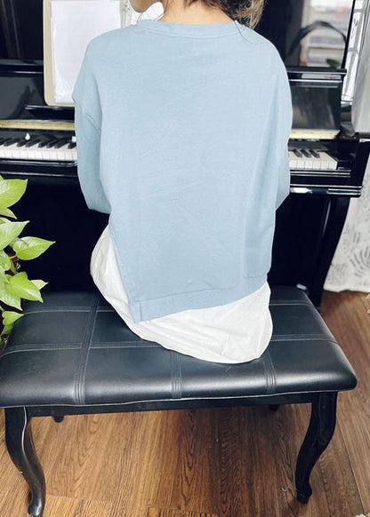 Blue O-neck Patchwork Asymmetrical Design Fall Sweatshirts Top