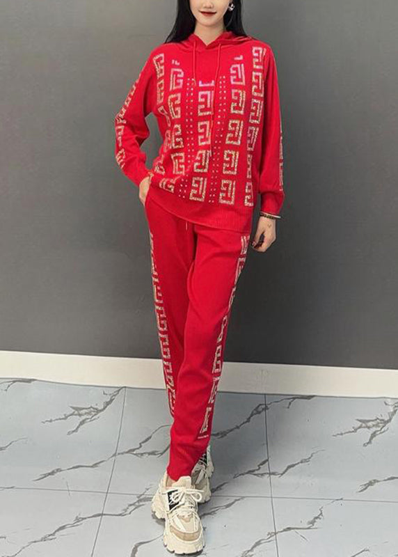 Black Print Hooded Top and Beam Pants Two Pieces Set Spring