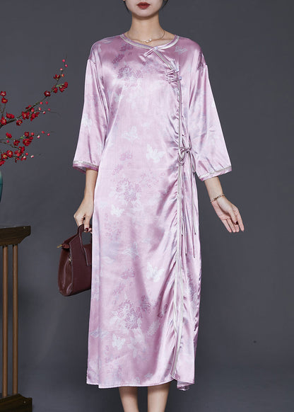Purple Jacquard Oriental Silk Maxi Dresses Bracelet Sleeve