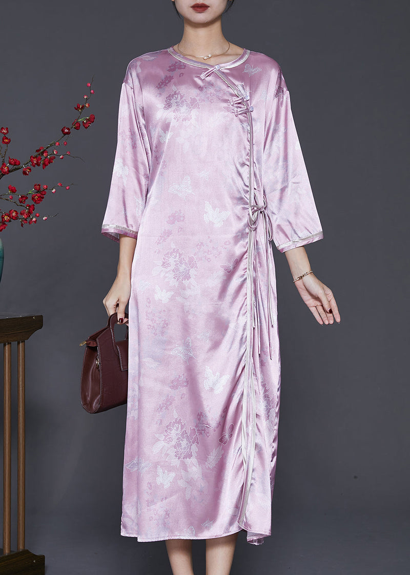 Purple Jacquard Oriental Silk Maxi Dresses Bracelet Sleeve