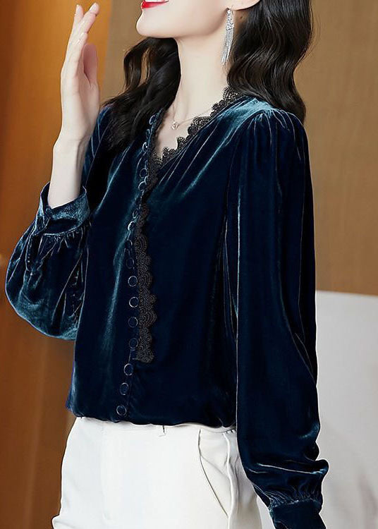 Blue Lace Patchwork Silk Velour Blouse Tops Long Sleeve