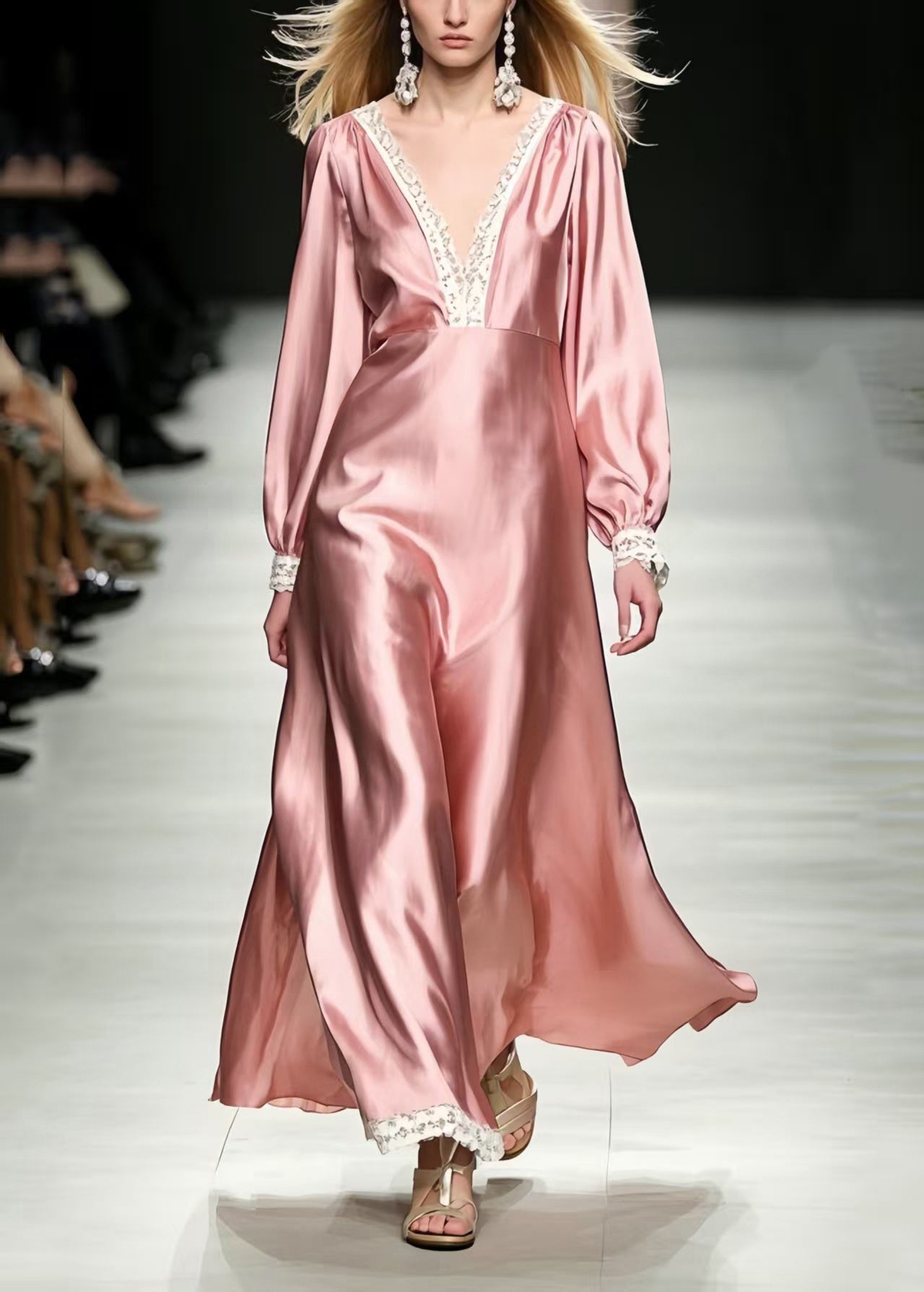 Pink V Neck Patchwork Silk Vacation Dresses Spring