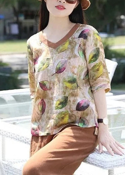 V Neck Print Loose Cotton Blouse Top Summer